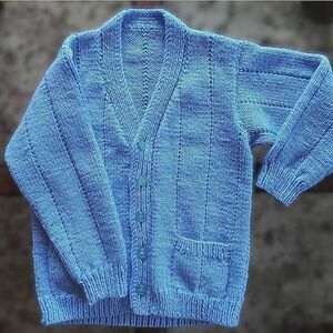 Vtg kids sky blue hand-knit grandpa sweater